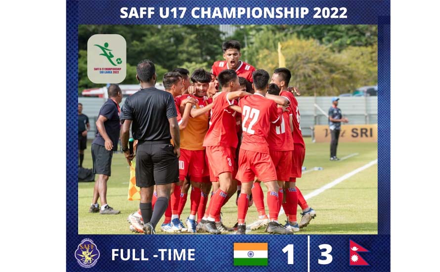 भारतलाई ३-१ ले हराउँदै नेपाल साफ यू-१७ फुटबलको सेमिफाइनलमा
